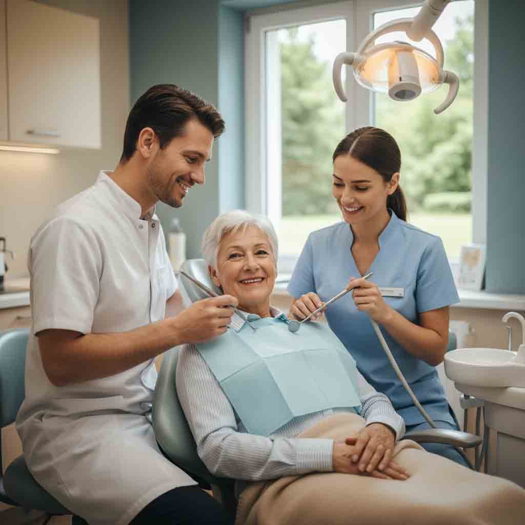 Persona mayor sonriente recibiendo cuidado dental en clínica moderna, ambiente cálido y profesional en Blanes