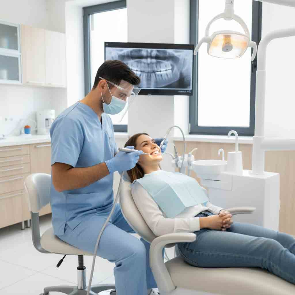 Dentista realizando limpieza dental profunda a paciente sonriente en clínica moderna, ambiente limpio y confiable