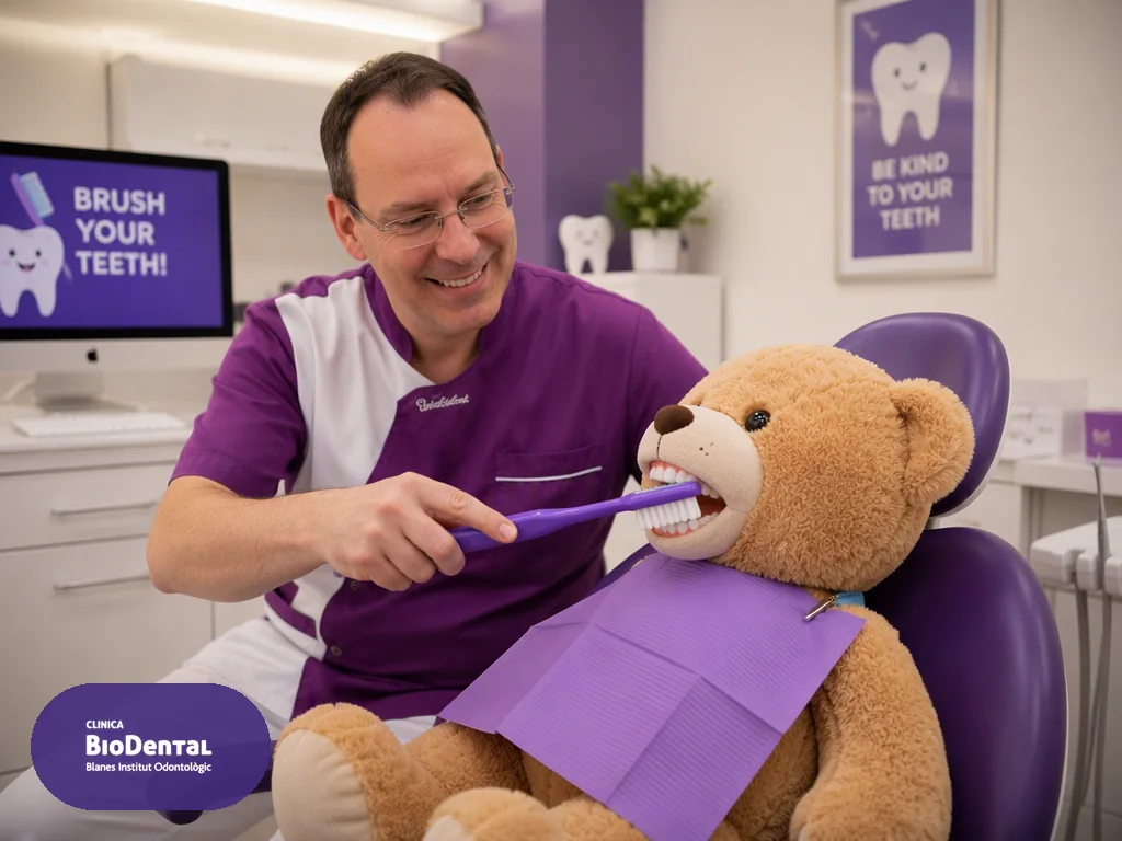 Dentista infantil en Blanes revisando los dientes de un niño tranquilo y contento
