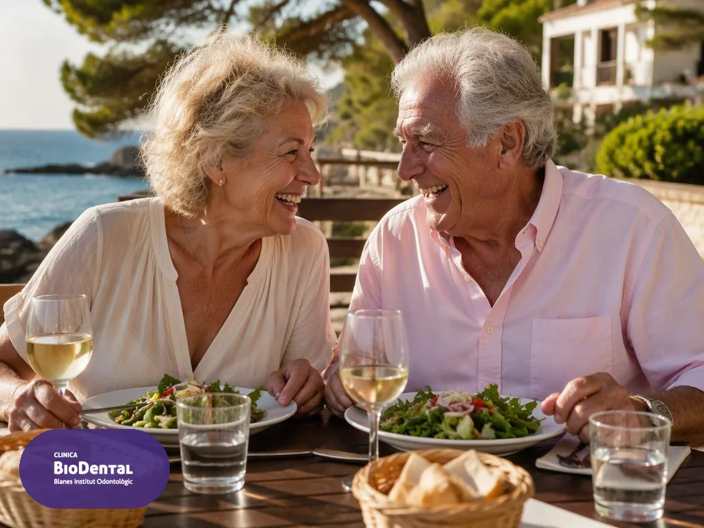 Pareja de mayores disfrutando de una comida al aire libre con una sonrisa sana gracias a su dentista en Blanes