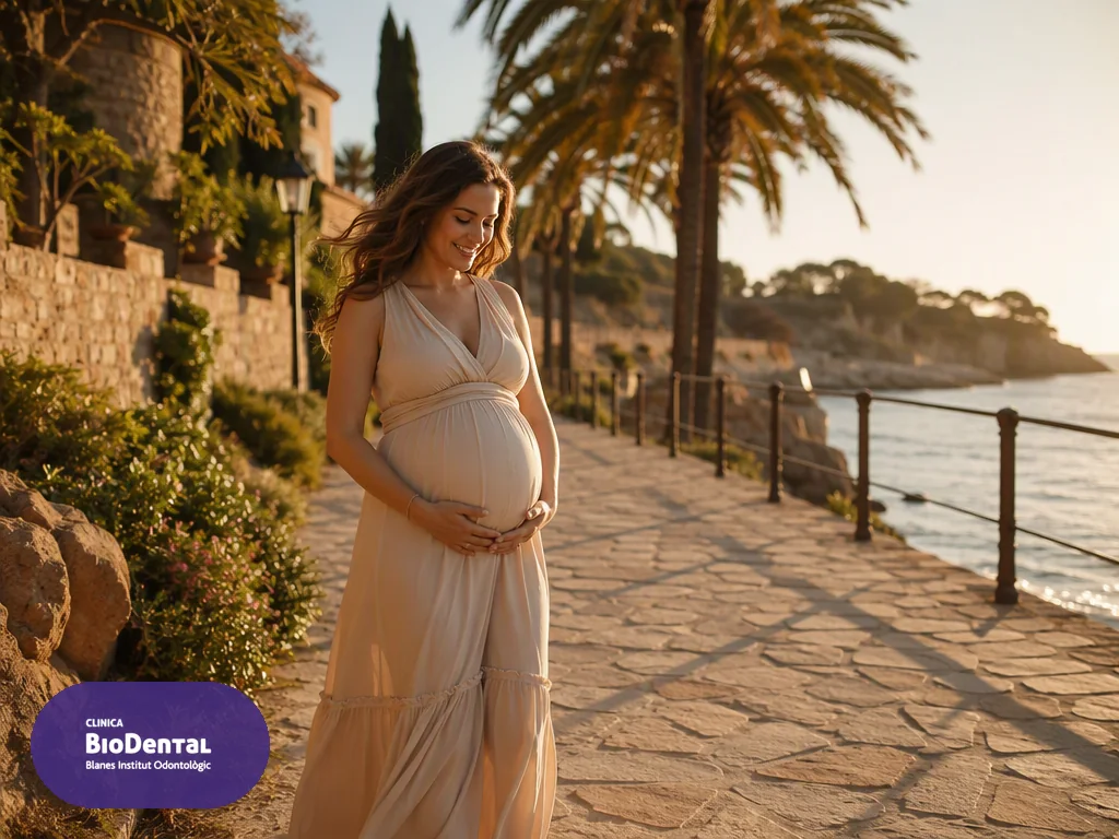 Futura mamá paseando por el paseo marítimo de Blanes: salud bucal del bebé desde el embarazo