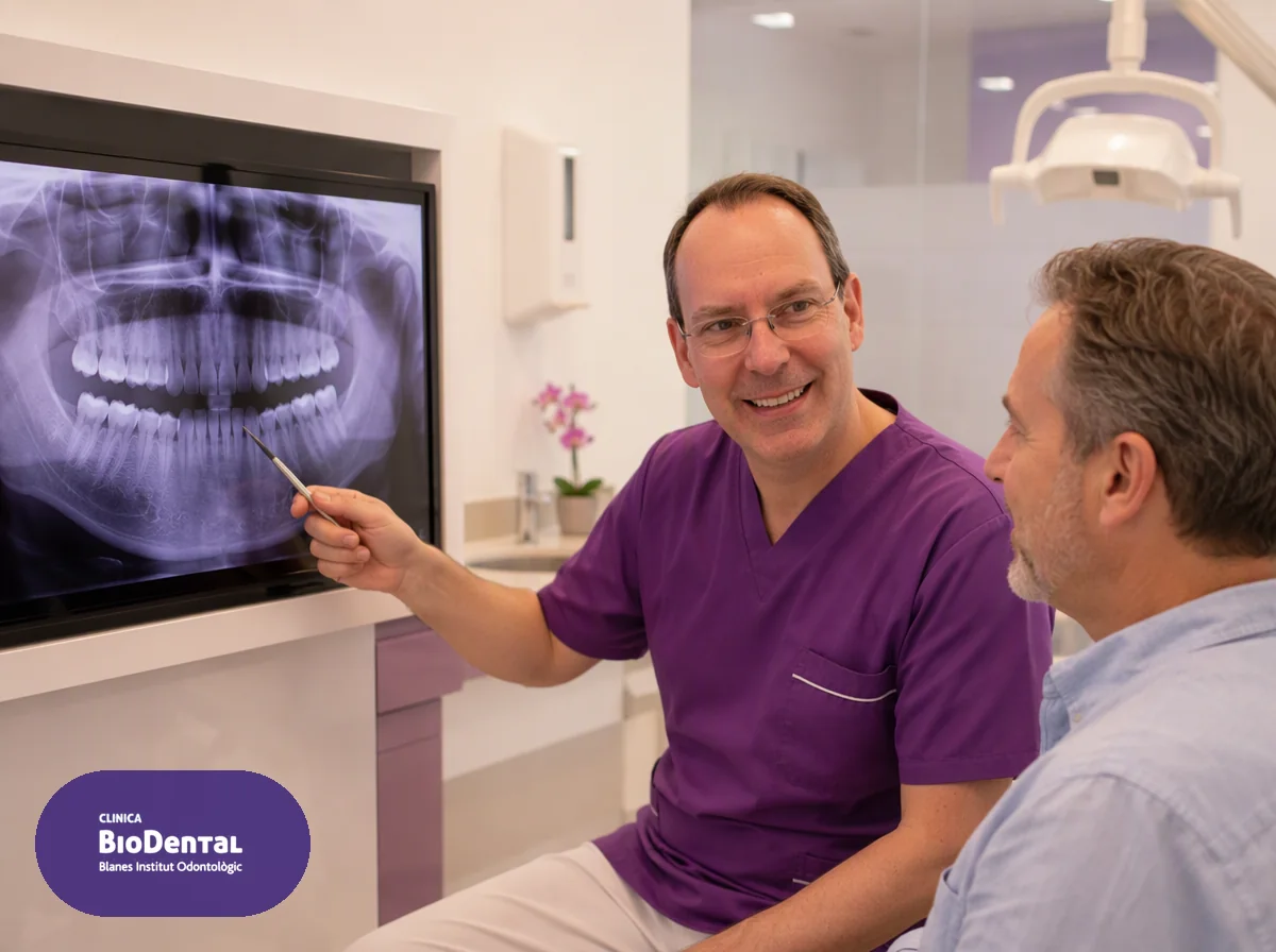 Odontología bio-sistémica en Blanes: el Dr. Ignacio Calle explicando la relación entre boca y cuerpo con una ortopantomografía en Clínica BioDental